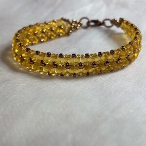 Hand Crafted Bracelet Yellow and Bronze Beads 7 inches